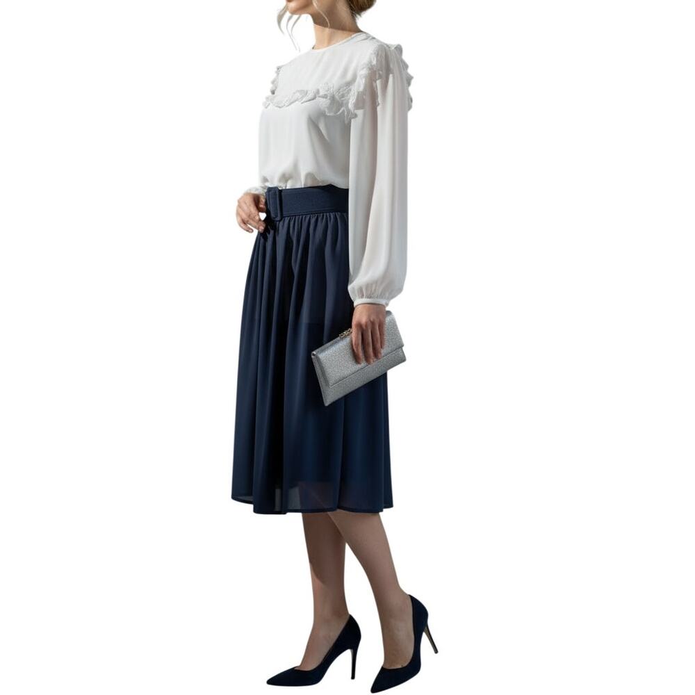 M.E. II by Lucero Vintage 80s White Navy Belted Sheer Dress Sz M